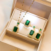 SFS023 - Emerald Green Zircon Jewelry Set Titanium Steel Necklace Earrings Ring - Gold Tone
