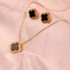 Elegant Clover Pendant Necklace & Stud Earrings Set – Gold & Black Enamel