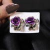 Elegant Purple Rose Clip-On Earrings – Crystal Floral Statement