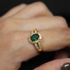 Oval Green Gemstone Ring with Gold Finish and Crystal Halo