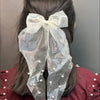 Elegant Organza Bow Hair Clip with Pearls – Long Tail Design