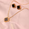 Elegant Clover Pendant Necklace & Stud Earrings Set – Gold & Black Enamel- Svins Finds