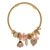 SFBRA006 - Rhinestone Charm Cable Bangle – Gold Plated 304 SS Ladybug & Pearl Heart Bracelet