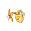 SFS013 - Gold Starfish Shell Pearl Crystal Ring 18K Plated Stainless Steel
