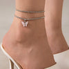 SFANK153 - Double Layer Rhinestone Anklet with Pink Butterfly Charm
